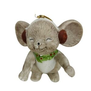 Vintage Ceramic Christmas Mouse Ornament Red Earmuffs Green Scarf 2.5‎ Inch